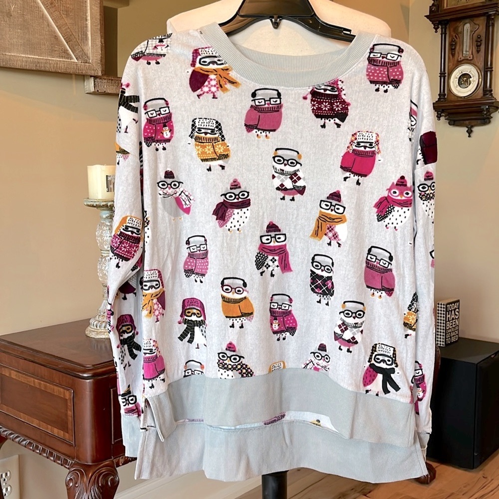 Comfy Pajama Top Long Sleeve Fleece Soft Lightweight Owls Oversized Small